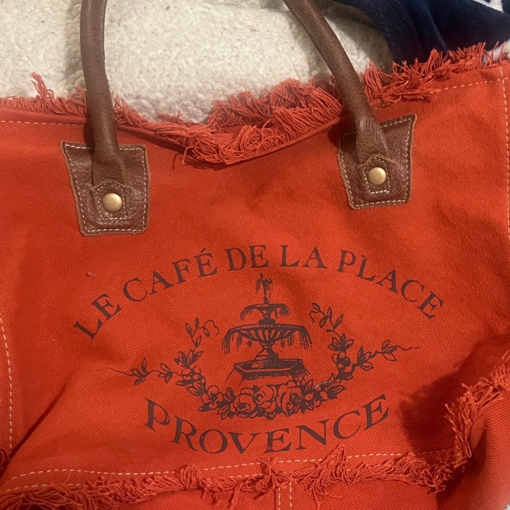 Myra Bag Vibrant Orange Tote with Brown Accents